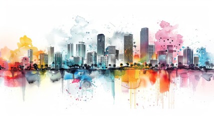Whimsical Illustration of Miami with Crayon Strokes and Watercolor Splashes

