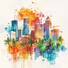 Whimsical Illustration of Miami with Crayon Strokes and Watercolor Splashes

