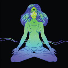 Beautiful Girl sitting in lotus position over ornate colorful neon background. Vector illustration. Psychedelic composition. Buddhism esoteric motifs. Tattoo, spiritual yoga.