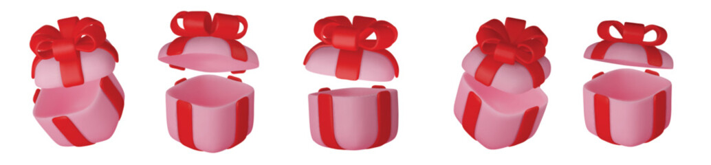 3d gift boxes set with red ribbon bow isolated on a white background. 3d render flying modern holiday closed surprise box.