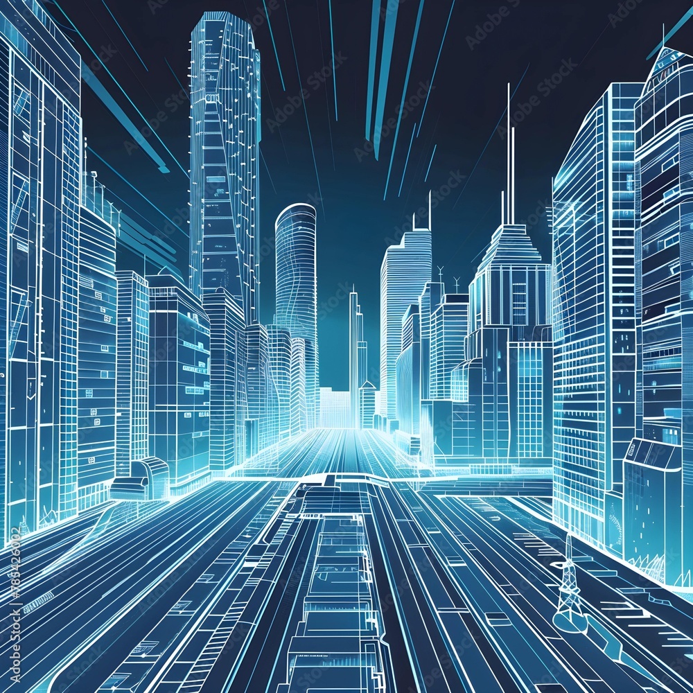 Poster Digital wireframe representation of a futuristic city with skyscrapers and dynamic lines against a dark sky.