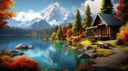 A cozy wooden cabin nestled amidst vibrant autumn foliage on the serene shores of a crystal-clear lake, surrounded by a kaleidoscope of colors. - obrazy, fototapety, plakaty
