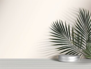 Silver background with palm leaf shadow and white wooden table for product display, summer concept. Vector illustration