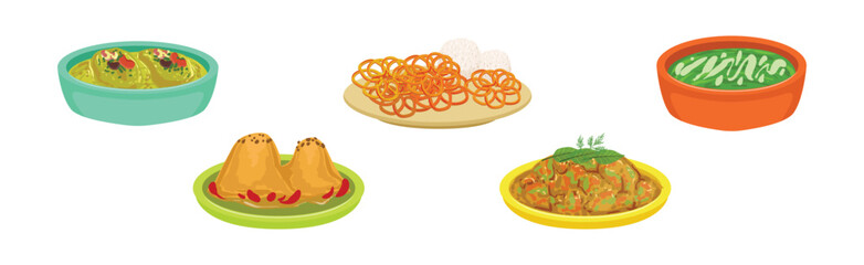 Traditional Indian Food and Served Dish Vector Set