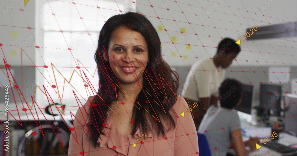 Poster image of multiple graphs with changing numbers over smiling biracial woman standing in office