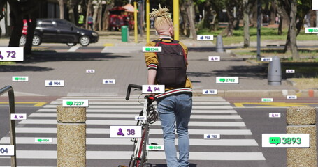 Image of notification bars over albino african american man crossing street with bicycle - Powered by Adobe