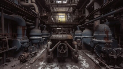 Abandoned factory with snow covered floor. Industrial indoor background.