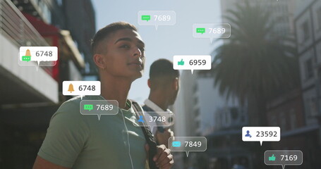 Image of multiple notification bars over diverse friends waving hands to stop cab