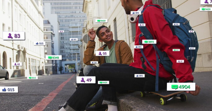 Image of changing numbers and icons in notification bars, diverse skaters discussing on street