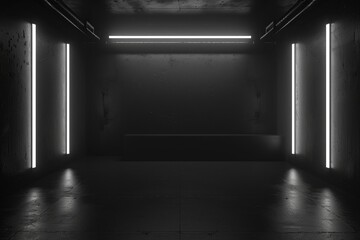 An empty underground black room like tunnel with bare walls and lighting metro