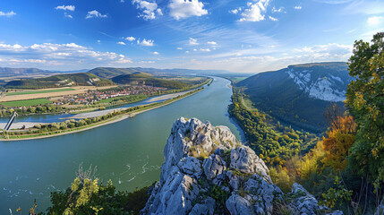Panoramic skyline view of Danube and Morava rivers.