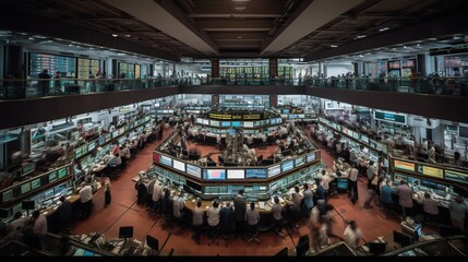 Illustration of trading floor, stock market exchange indoor backgrounds with round workplaces and displays showing financial data. Businesspeople.