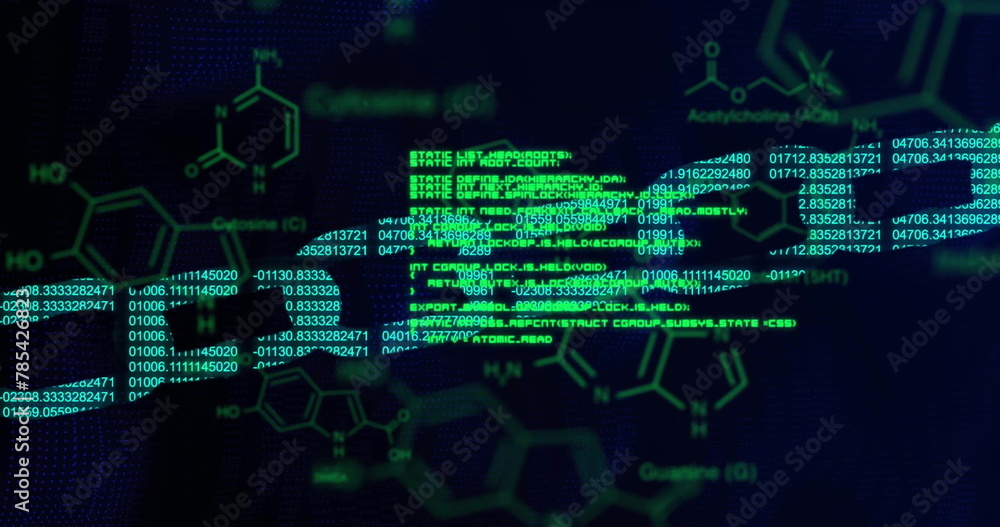 Poster image of changing number forming blockchain and computer language over molecule structures