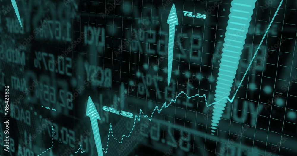 Poster image of graphs, up arrows, changing numbers and trading board over black background