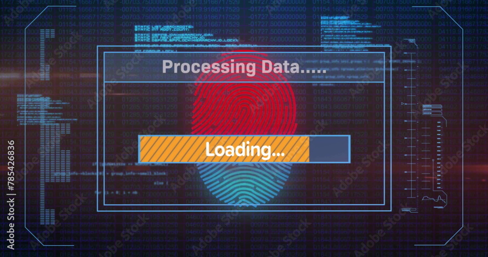 Poster image of loading bars, computer language, fingerprint and changing numbers on black background