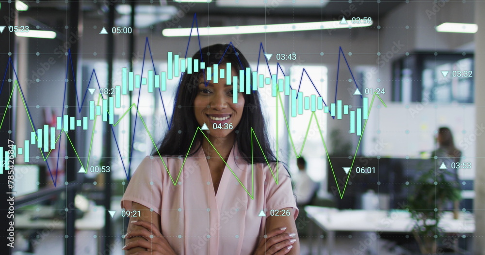 Aufkleber image of multiple graphs with changing numbers over smiling biracial woman standing arms crossed