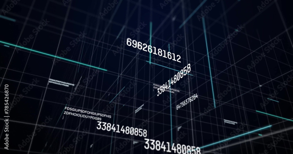 Poster image of graphs, changing numbers and letters with grid pattern over black background