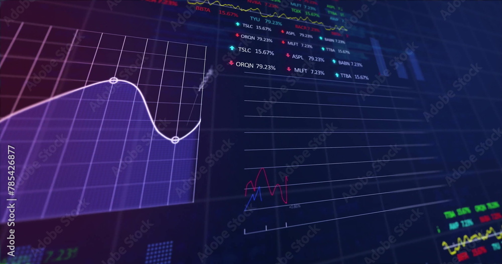 Poster image of graphs, trading boards and computer language over black background