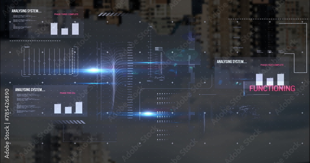 Poster image of graphs, texts, loading bars and computer language, modern buildings against cloudy sky