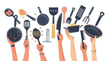 Cook hands holding kitchen utensils cooking set. Pers - obrazy, fototapety, plakaty