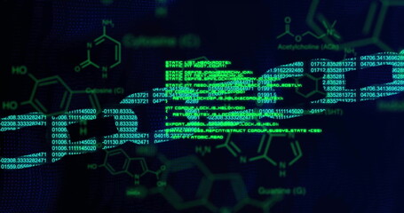 Image of changing number forming blockchain and computer language over molecule structures