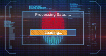 Image of loading bars, computer language, fingerprint and changing numbers on black background
