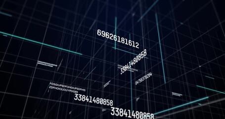 Image of graphs, changing numbers and letters with grid pattern over black background