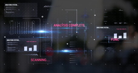 Image of texts, graphs, lines, loading bars and computer language over modern buildings