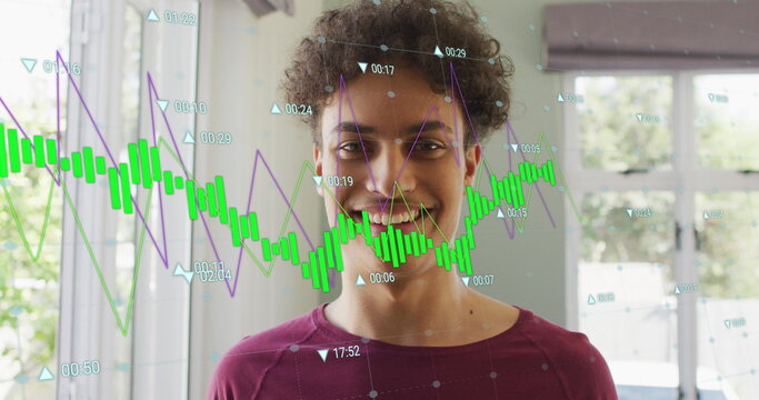 Image of multiple graphs with changing numbers over smiling biracial man