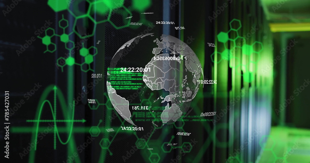 Poster image of molecule structures, computer language, numbers around globe over server room