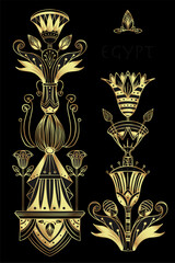 Egyptian floral design element set in gold isolated on white. Art deco style. Lotus flower, vector sign, symbol, logo illustration. Spirituality, occultism, chemistry, flower tattoo.