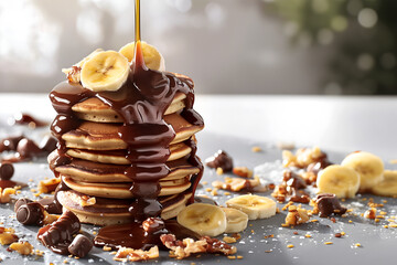 Creative food template. Chocolate syrup pouring over Stack of pancake with fresh cut banana nuts, powdered sugar  pastry dessert breakfast on grey table background with natural sun. copy text space - obrazy, fototapety, plakaty