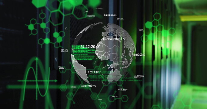 Image of molecule structures, computer language, numbers around globe over server room