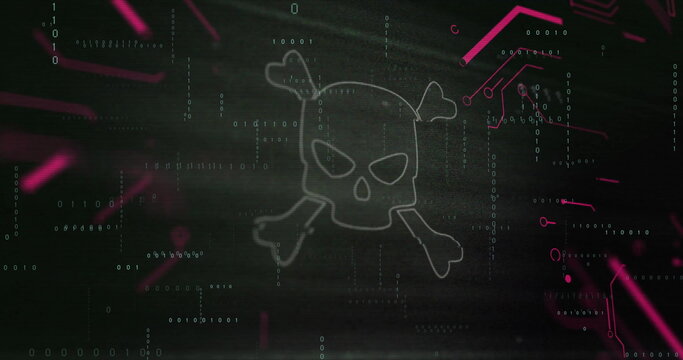 Image of skull and bones icon over binary coding data processing