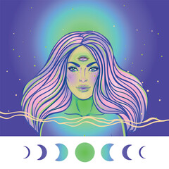Portrait of mystic girl with moon phases. Vector illustration of a witch mutant. Woman with three eyes.