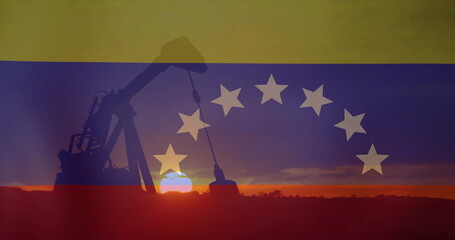 Fototapeta premium Image of oil rig and flag of venezuela
