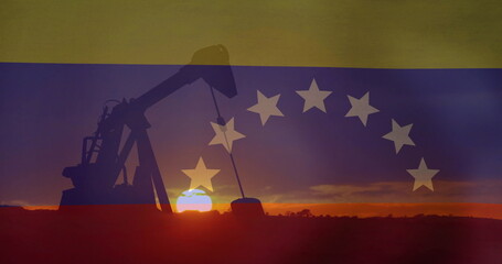 Fototapeta premium Image of oil barrels and flag of venezuela