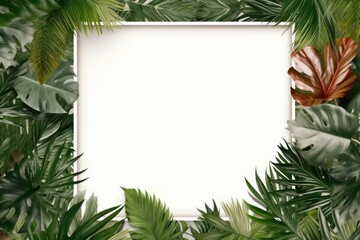 Fototapeta na wymiar Silver frame background, tropical leaves and plants around the silver rectangle in the middle of the photo with space for text