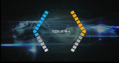 Image of data processing with growing mph number over light trails on black background