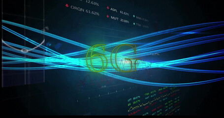 Image of data processing with 6g over light trails on black background