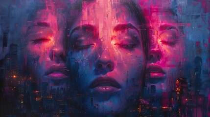Surreal Painting of Faces Fusing with Cityscape in Soft Neon Lighting, Creating an Introspective Atmosphere and Artistic Fusion Concept.