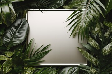 Silver frame background, tropical leaves and plants around the silver rectangle in the middle of the photo with space for text - obrazy, fototapety, plakaty