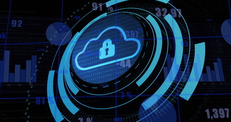 Image of security padlock and cloud icon on round scanner against statistical data processing