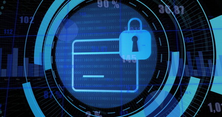 Image of security padlock icon on round scanner against statistical data processing