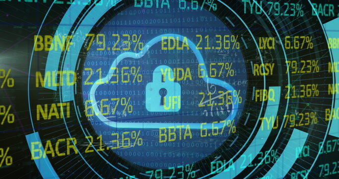Image of stock market data processing over security padlock and cloud icon on round scanner