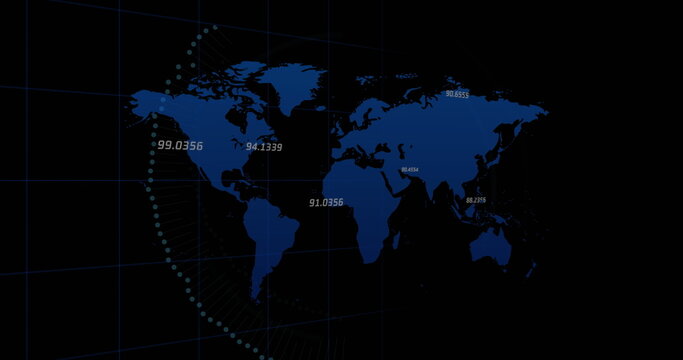 Image of security padlock on round scanner over world map against black background