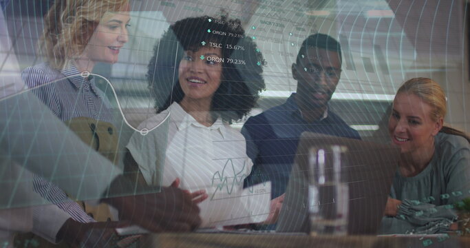 Image of statistics and data processing over smiling diverse colleagues clapping at meeting