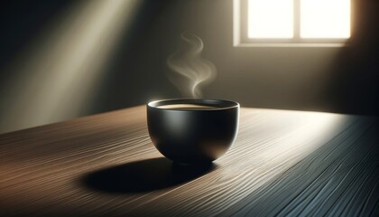 Coffee cup on dark wood table, steaming in soft natural light. Inviting scene of a steaming coffee cup on a dark wood surface.