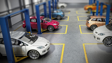 Automobile repair shop or car repair garage interior with cars on the lifts. 3D illustration - obrazy, fototapety, plakaty