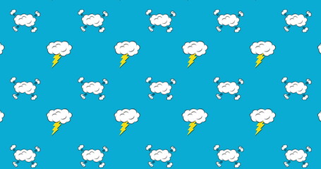 Image of clouds with lightning moving on blue background